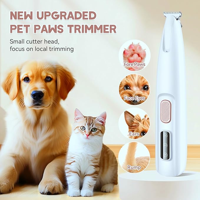 Dog Paw Trimmer - Pet Paw Trimmer with LED Light - Electric Clippers for Dogs, Cats, Rabbits - Grooming Shaver for Pet Feet Face Eyes Ears Rump Hair - Paw Cleaner - Rechargeable, Low Noise, Cordless