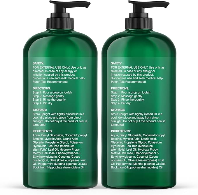 Botanic Hearth Tea Tree Body Wash, 16 Fl Oz (473 ml) Pack of 2 | With Tea Tree Oil, Peppermint & Sea Buckthorn | Gently Cleanses, Refreshes & Nourishes Skin | Sulfate & Paraben Free | For Men & Women