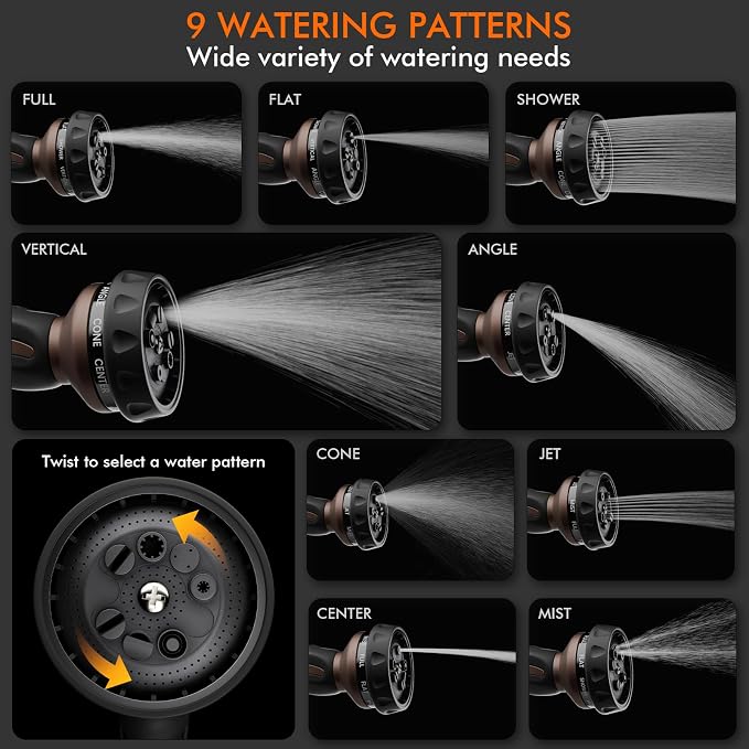 RESTMO Hose Nozzle Heavy Duty, Metal Water Hose Sprayer for Garden | 9 Spray Patterns, High Pressure, Thumb Flow Control, On/Off Valve, Ideal for Outdoor Lawn & Plant, Car & Pet, Brown