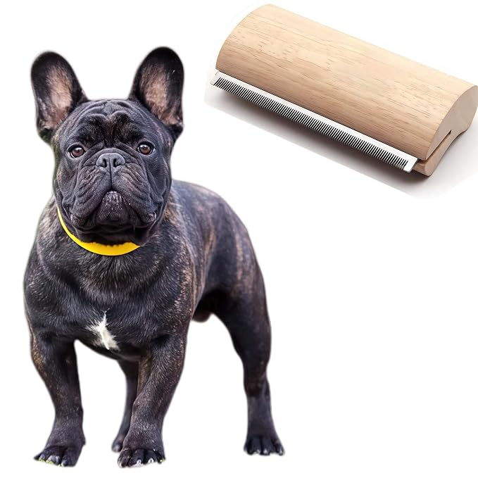 French Bulldog Brush for Shedding – Palm-Grip Wooden Deshedding Comb for Short Hair Dogs, Fine Stainless-Steel Teeth, Curved Body for Face/Neck/Chest, Easy-Rinse Grooming, Bath & Dry Use