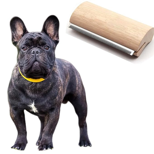 French Bulldog Brush for Shedding – Palm-Grip Wooden Deshedding Comb for Short Hair Dogs, Fine Stainless-Steel Teeth, Curved Body for Face/Neck/Chest, Easy-Rinse Grooming, Bath & Dry Use