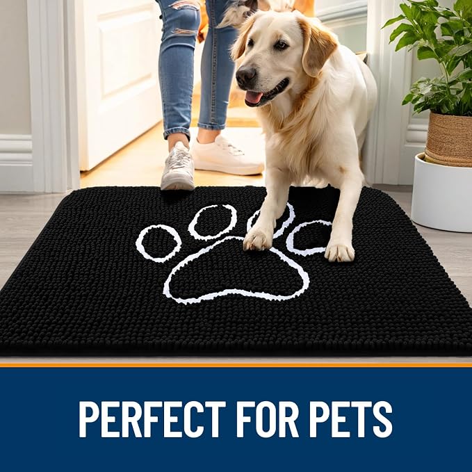 OLANLY Dog Door Mat for Muddy Paws 59x20, Paw Print Design, Absorbs Moisture and Dirt, Absorbent Non-Slip Washable Doormat, Quick Dry Chenille Mud Mat for Dogs, Entry Indoor Entryway Carpet, Black