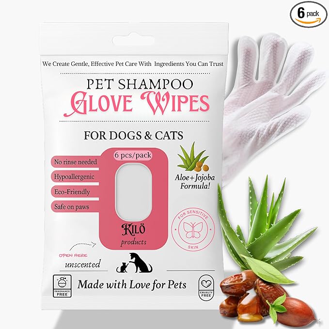 KIL Pet Shampoo Glove Wipes for Dogs & Cats - Hypoallergenic Bath Gloves with Aloe & Jojoba - No Rinse Needed - Deodorizing & Grooming - 6ct Travel Pack