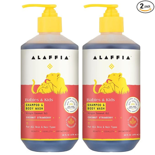 Alaffia Babies and Kids Shampoo and Body Wash, Gentle and Calming Support for Soft Hair and Skin with Shea Butter, Neem, and Coconut Oil, Fair Trade, Coconut Strawberry, 2 Pack – 16 Fl Oz Ea