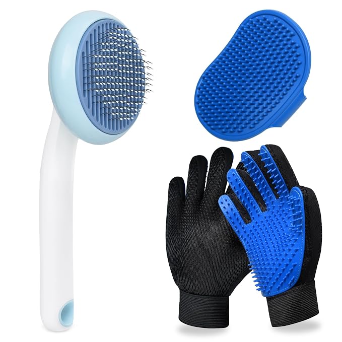 Cat Grooming Glove Brush, Self-Cleaning Slicker Pet Brush for Short and Long Haired Pets, Dog Bath Brush for Shedding and Grooming, Removes Loose Hair and Tangles, Blue