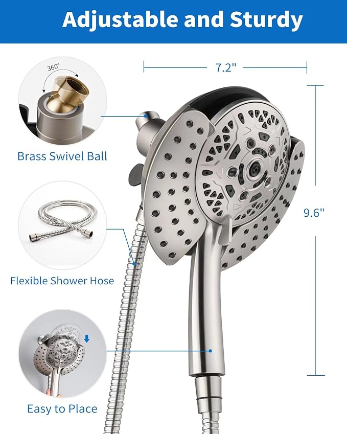 INAVAMZ Shower Head with Handheld High Pressure: Hand Held Shower Head & Rain Shower Head 2-IN-1 Shower Head with 59" Rotatable Stainless Steel Hose, Shower Trim Systems, Nickel Round 2.5 GPM