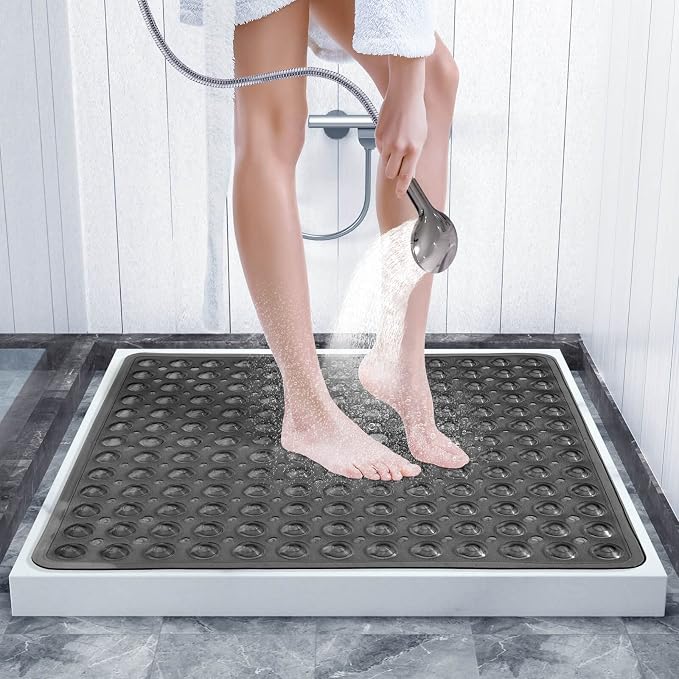 Yimobra Shower Mat 21X21 Inch Square, Non Slip Bathtub Mat with Large Suction Cups&Drain Holes, Soft Fast Dry Shower Stall Mats for Inside Shower, Machine Washable BPA-Free, Bath Essentials, Black