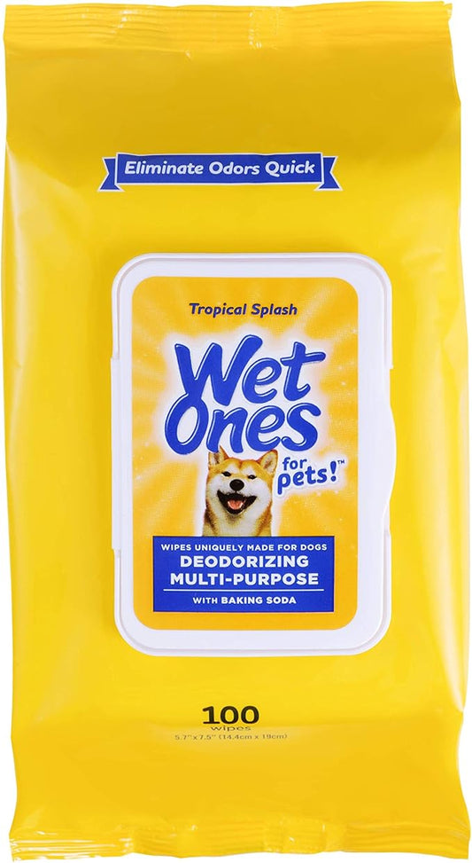 Wet Ones for Pets Deodorizing Multipurpose Dog Wipes with Baking Soda, Tropical Splash Scent - Deodorizing Dog Grooming Wipes with Wet Lock Seal, 100 Count