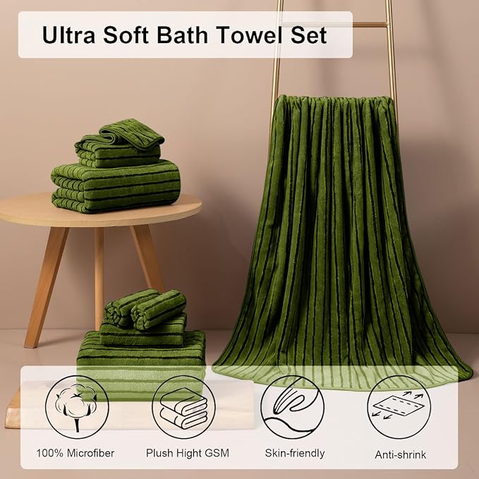 4 Pcs Army Green Cabana Stripe Large Bath Towels 35"x70" Oversized Bath Sheet Soft Breathable Jumbo Bathroom Towels Highly Absorbent Shower Towel Quick Dry Beach Chair Towel Spa Gym Hotel Towel Set