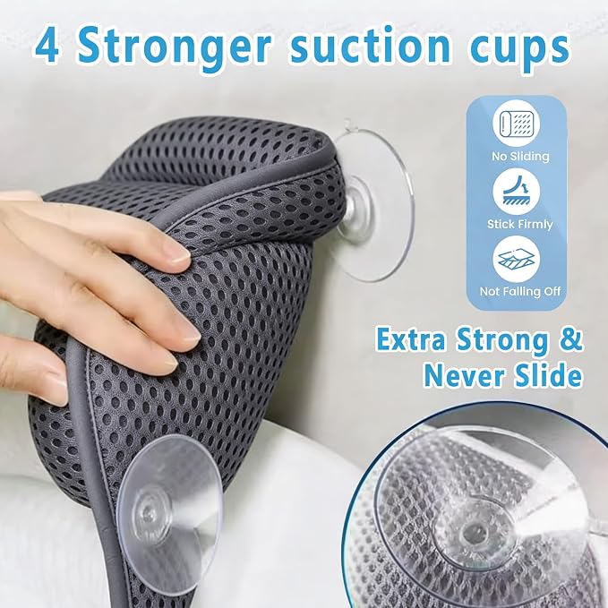 Luxury Bathtub Pillow, 4D Air Mesh Soft Bath Pillows for Tub, Ergonomic Neck & Back Support, Non-Slip Suction Cups Head Neck Support Hot Tub Pillow, Spa Bath Accessories Gift for Women Gray