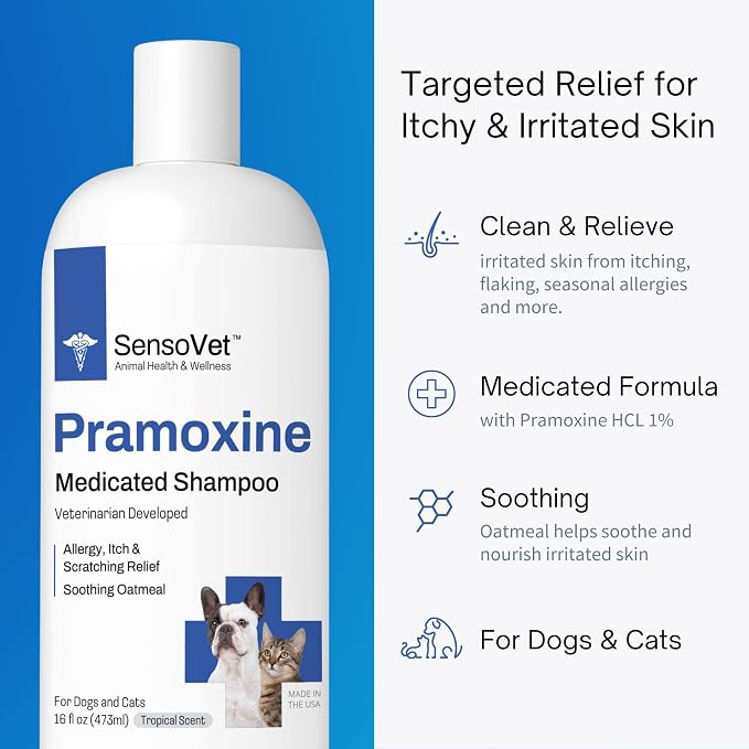 Pramoxine with Oatmeal Shampoo for Dogs, Cats, and Horses, Helps with Allergy, Scratching, and Itch Relief, moisturizes and soothes Dry Skin, Hypoallergenic