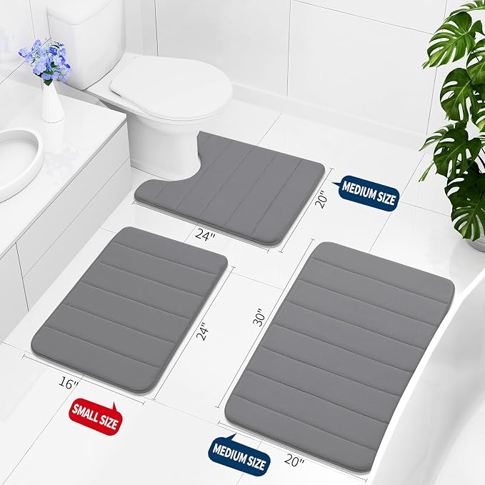 Buganda Memory Foam U-Shaped Contour Toilet Rugs, Absorbent, Thick Soft Washable Bathroom Mat, Floor Carpet Bath Rugs Mat for Toilet Base (24" x 20", Grey)
