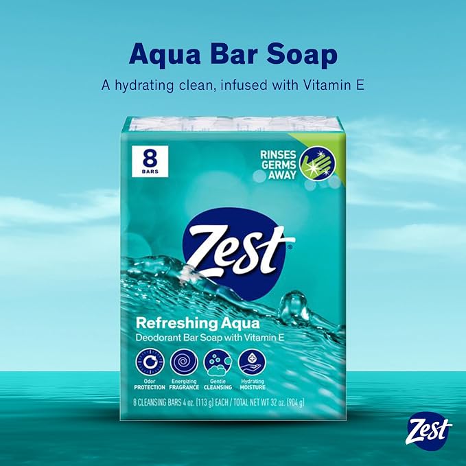 Zest 8-Bar Bath Size Soap, Aqua, 4 Ounce per bar, 8 bars, 32 Ounce