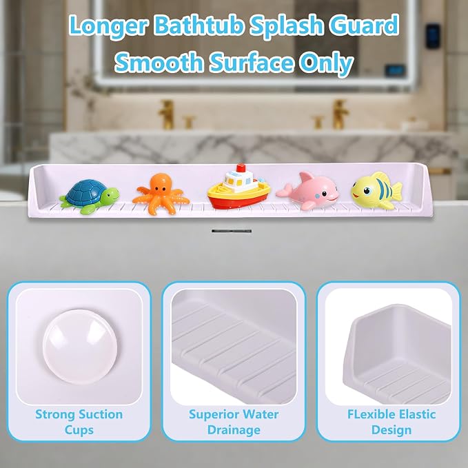 Bathtub Splash Guard for Kids, 2-in-1 Bath Toy Organizer Tub Shelf | Stops bathtub splashes, Keeps floors dry, 11 strong suction cups, Flexible safe silicone, Bonus kids shower cap