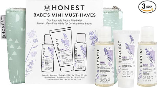 The Honest Company Babe's Mini Must Haves Gift Set Travel Size Hypoallergenic Lavender Bathtime Essentials Shampoo Body Wash (2 fl oz) Face Lotion (1 Bubble Bath