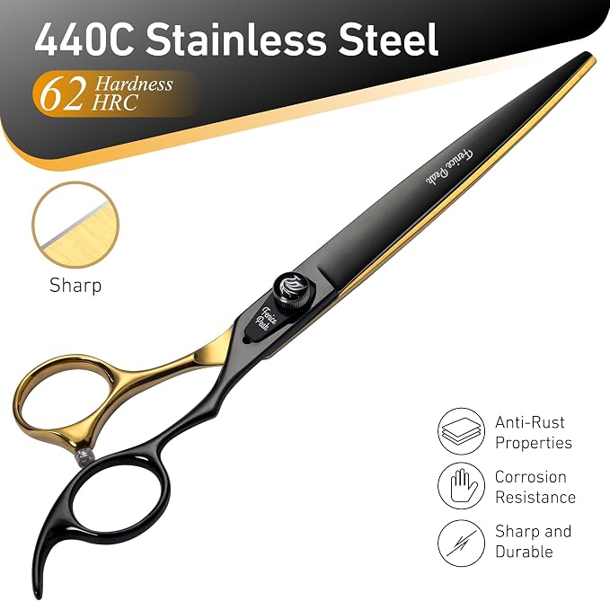 7'' Black Dog Grooming Scissors Goldern Straight Shears with Ergonomic Offest Handle and Pattern Screw Pet Grooming Trimming Shears Durable and Sharp 440C
