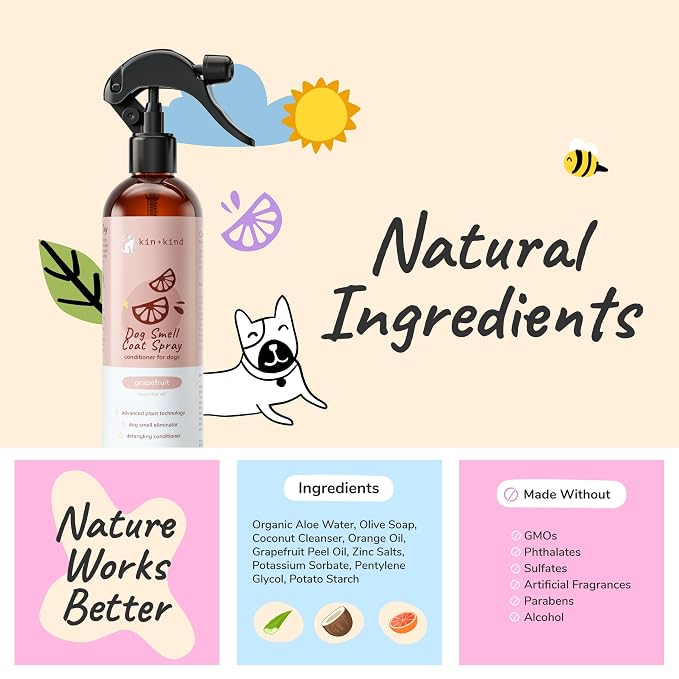 kin+kind Dog Deodorizing Spray - Safe, Natural, & Easy to Use Pet Odor Eliminator - Premium Dog Detangler Spray Formula Made w/Aloe - Dog Deodorizer for Smelly Dogs Made in the USA (12 fl oz)