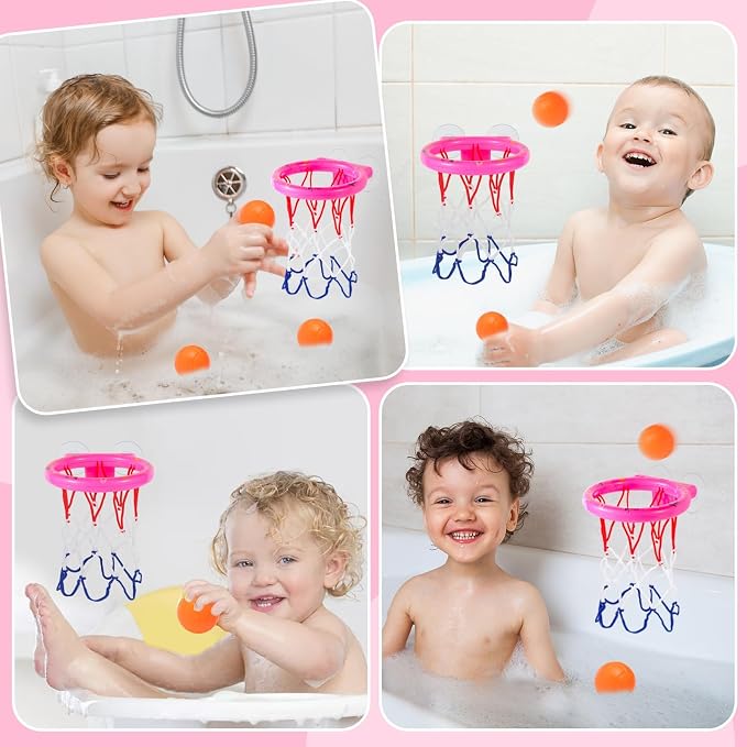 Bath Toys Basketball Hoop Set Strong Suction Cups with 4 Non Porous Balls | Baby Bath Toys for Kids Ages 1-3, Toddler Pool Toys for toddlers 1-4, Pool Toys for Kids Ages 4-8, Mini Basketball Hoop