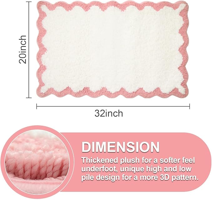 ORTIGIA Scalloped Pink Bathroom Rugs Non Slip Washable, Quick Dry Absorbent Soft Plush Microfiber Bath Mats, Bath Rugs for Bathroom Floor Carpet for Sink Bedroom, Pink and White, 20x32