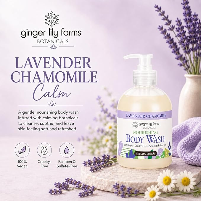 Ginger Lily Farms Botanicals Nourishing Body Wash, 100% Vegan & Cruelty-Free, Lavender Chamomile Scent, 16.9 Fl Oz (Pack of 6)