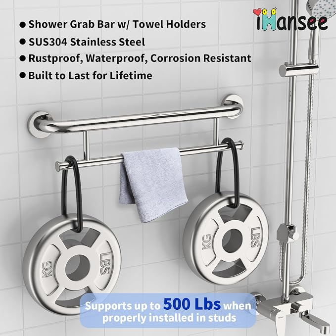 Polished Chrome Grab Bar 24 Inch w/Towel Holder, iHansee Stainless Steel Towel Rack Shower Support Balanced Support Handle, Wall Mount Safety Handrail Grab Rail for Elderly Senior Handicap Disabled