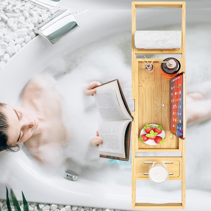 Premium Bathtub Tray - Expandable Bamboo Wooden Bath Trays for Bathub - Bath Tub Table Tray for Bathtub/Tub,Adjustable Size, Fits Most Tubs