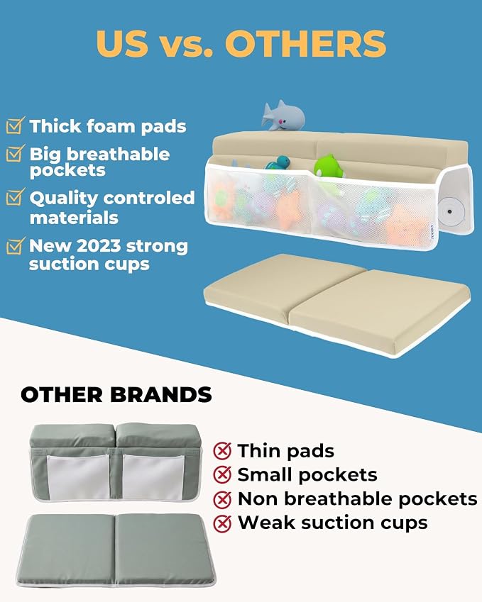 Comfortable Baby Bath Kneeler and Elbow Rest Pad Set – Thick Memory Foam Bath Kneeling Pad with Elbow Support – Baby Bathtub Cushion with Toy Organizer for Bathing Infant or Toddler - Beige