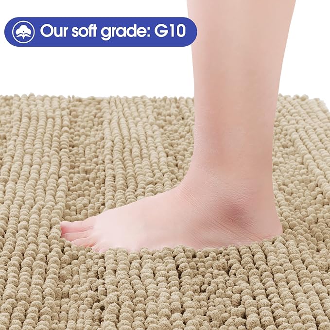 ACCUMTEK Striped Beige Toilet Bathroom Rug Mat Set 2 piece Rug Ultra Soft, Non Slip Chenille Bath Rugs, Absorbent Plush Shaggy Bath Mats for Bathroom, Bedroom, Kitchen, Shower, Tub