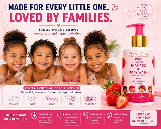 BABY HAIR - Strawberry Mineral Kids Shampoo/Body Wash, Sulfate-Free Tearless Shampoo and Body Wash, Shampoo For Kids with Strawberry Oil, Camellia Oil, and Biotin, No Tears Shampoo, 10 fl.oz.