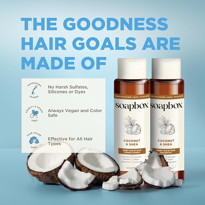 Soapbox Coconut & Shea Shampoo & Conditioner Set, For Dry, Damaged Hair - Nourishes & Moisturizes Hair - Clean Ingredients Free of Harsh Chemicals, Sulfates, Parabens & Silicones - 16 oz Each