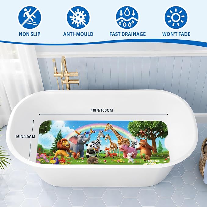 XIYUNTE Upgrade Baby Bath Mat Non Slip - 40"x16" Extra Long Kids Bath Mat for Tub Non Slip Bathtub Mat Eco-Friendly Toddler Bath Mats with Suction Cups, Machine Washable and No Fading, Animal Rainbow