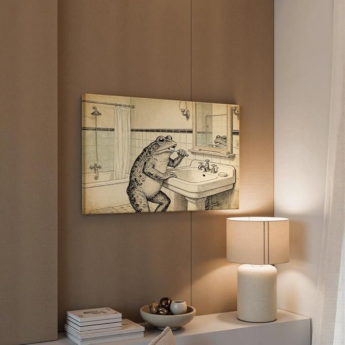 Vintage Frog Brushing Teeth Bathroom Wall Art Whimsical Toad Restroom Poster Antique Illustration Print Aesthetic Wall Decor for Powder Room Apartment Family Bathroom 16X24 in Black Framed