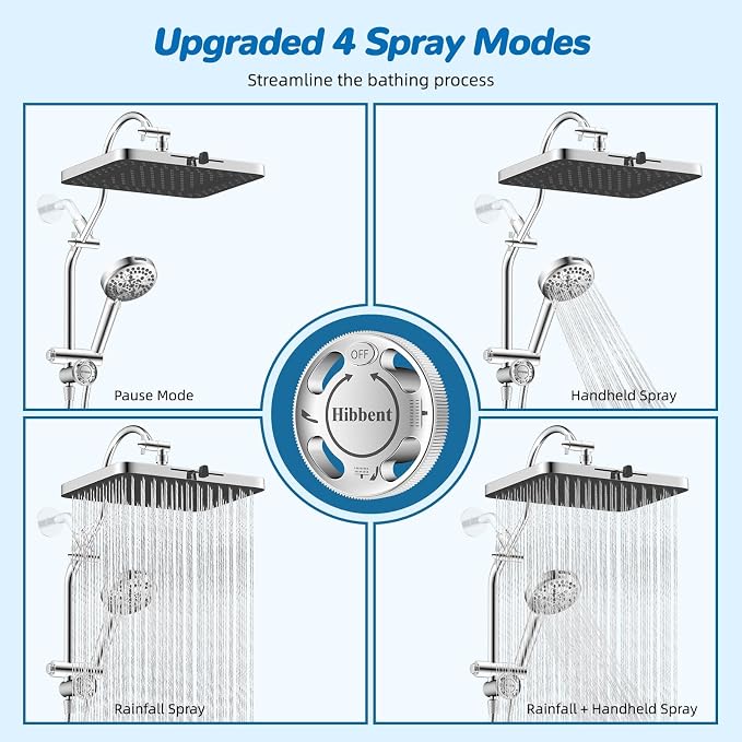 Hibbent cUPC Certified 13'' Shower Head Combo, High Pressure 5 Spray Rainfall Showerhead, 10 Spray Mode Handheld, All Metal Easy Reach 4-way Diverter Arm with Pause Mode, 71'' Hose and Holder, Chrome