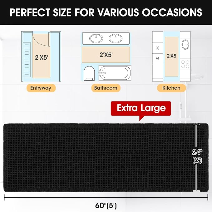 Accumtek Extra Large Waffle Bath Mat, 5'x2' Black, Super Absorbent Non-Slip Quick Dry Bathroom Rugs with Tassels, Machine Washable Ultra Soft Boho Bath Rugs for Floor, Toilet Mats Boho Farmhouse Decor