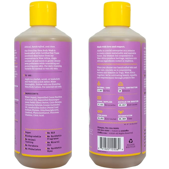 Alaffia EveryDay Shea Body Wash - Naturally Helps Moisturize and Cleanse without Stripping Natural Oils with Shea Butter, Neem, and Coconut Oil, Fair Trade, Lavender 16 Fl Oz