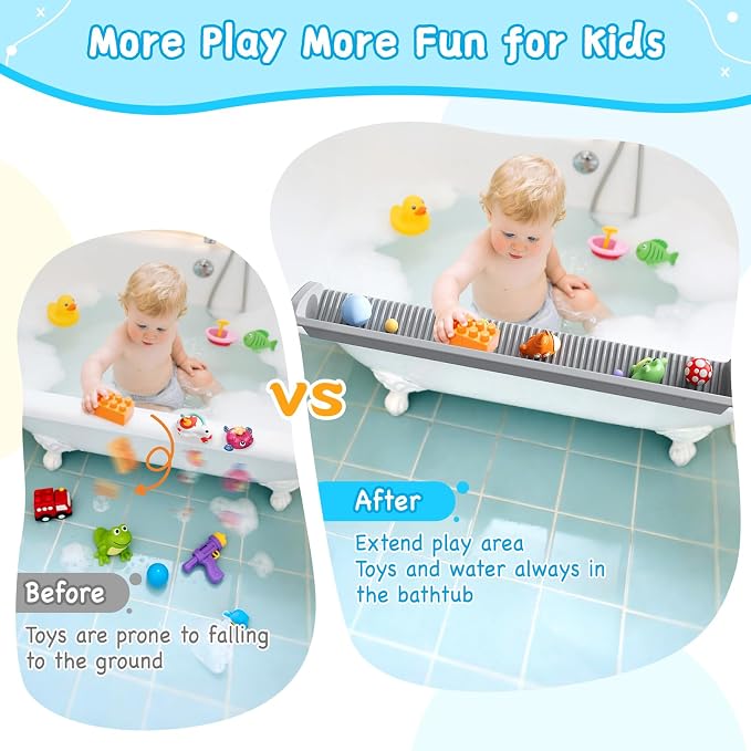 3 Ft Bathtub Splash Guard for Tub Kids, Bath Tub Toy Holder Storage Play Shelf, Longer Silicone Water Splash Guard for Bathtub with Strong Suction Cups, No Mess Water Spill in Bathroom, Grey