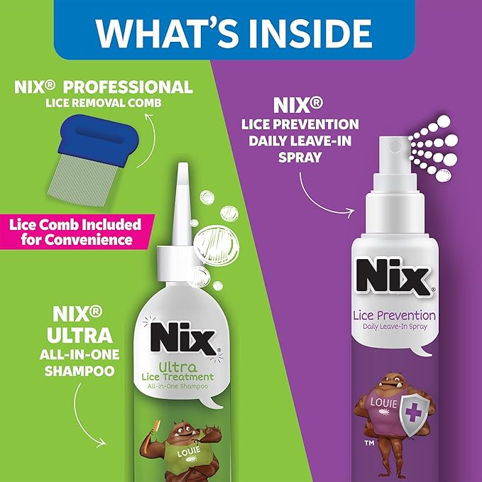 Nix Ultra All-in-One Treatment & Prevention Kit, 4 Fl Oz Shampoo, Comb and 6 Fl Oz Daily Leave-In Spray – Gentle Pesticide-Free Head Lice Remover Kit