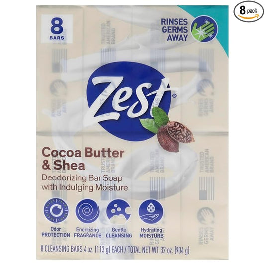 Zest Bar Soap - 8 Bars - Enriched With Cocoa Butter And Shea for Ultra Moisturizing Cleansing - Leaves Your Body Feeling Silky Smooth And Deeply Moisturized