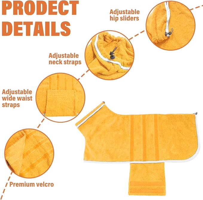 Dog Robe - Fast Drying Towel - Microfiber Super Absorbent Pet Bathrobe, Adjustable Collar & Belly Strap (Yellow, Medium)