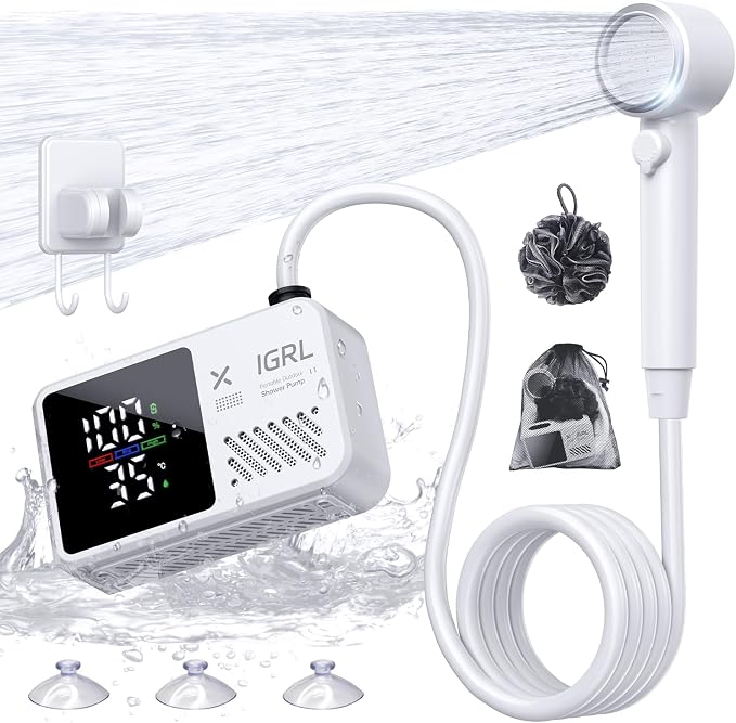 IGRL Portable Shower for Camping, Powerful 10L/Min Water Flow, Rechargeable Shower Pump with Bath Sponge, 4 Spray Modes, IPX8 Waterproof, 7800mAh Battery, Ideal for Hiking, Travel, Car Wash, Pet