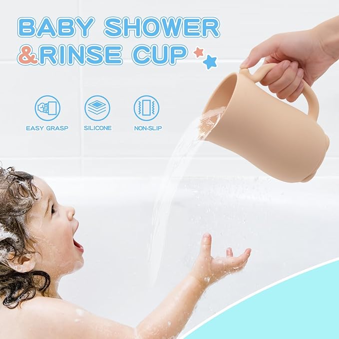 Mandoo Baby Bath Rinse Cup - Food Grade Silicone Shampoo & Body Washing Rinser for Kids with Easy Grip Handle - Baby Essentials (Khaki)