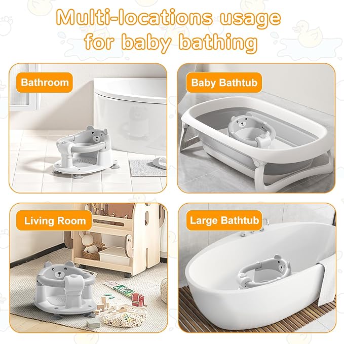 Baby Bath Seat for Babies 5-10 Months, Non-Slip Toddler Bath Seats for Babies Sitting Up, Safe Infant & Newborn Bathtub Chair with 4 Suction Cups & Soft Cushion for Shower,Gray