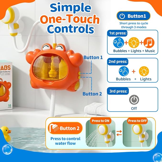Crab Bath Toys,4 in 1 Bubble Bath Machine with Shower Head,Toddlers Light Up & Music Bath Bubble Maker, Baby Bathtub Toy for Kids Ages 1-3 4-8 USB Rechargeable