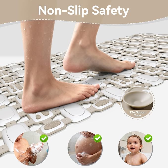 Non Slip Shower Mat, Bath Mats for Tub with Strong Suction Cups, Quick Drain, Comfortable Foot Feel Shower Mats for Inside Shower, Bath Tub Mat Non Slip, (Brown, 14.6"x26.8")