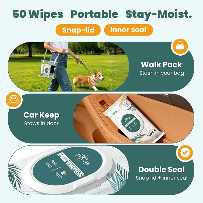 200 Count Dog Wipes & Cat Wipes (4x50 Packs) | Hypoallergenic, pH Balanced for Paws, Body, Face & Grooming |All-Natural Plant Fiber Wipes with Aloe, Coconut Oil & Vitamin E |Pearl Texture