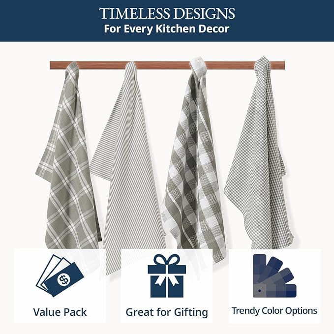 LANE LINEN Cotton Kitchen Towels Set, 4-Pack – Absorbent, Quick-Drying Dish Towels, Tea Towels, 18" x 28" - Slate Grey