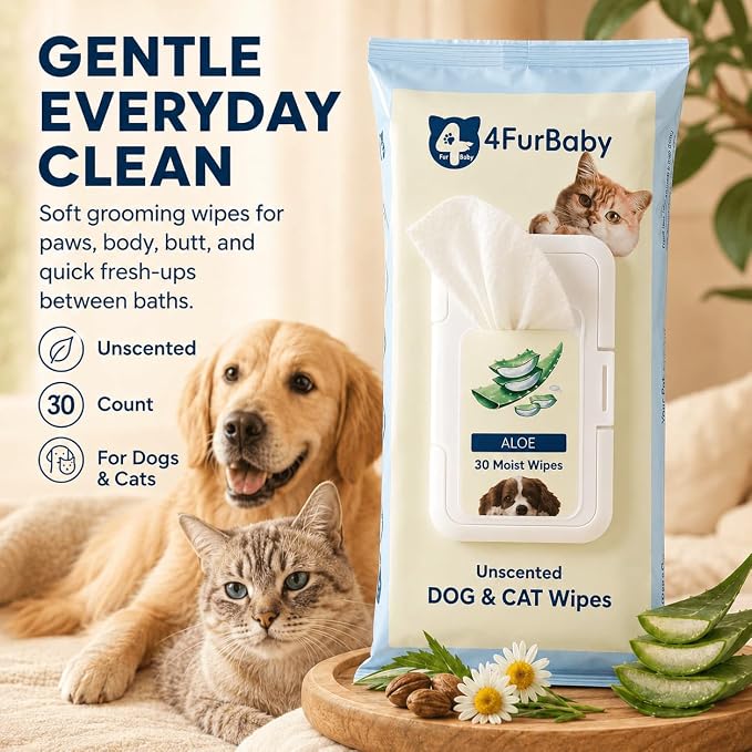 Dog Wipes for Paws and Butt, Unscented, 30 Count | 8" x 8" hypoallergenic and hydrating pet grooming wipes for dogs, cats, and daily care