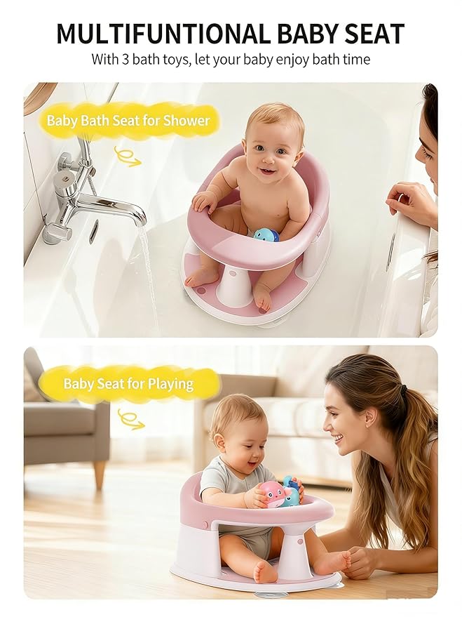 Baby Bath Seat for Babies 6 Months & Up, Bath Seats for Babies Sitting Up, 3 Baby Bath Toys, Open Design, Non-Slip, Compact Toddler Bath Seat.