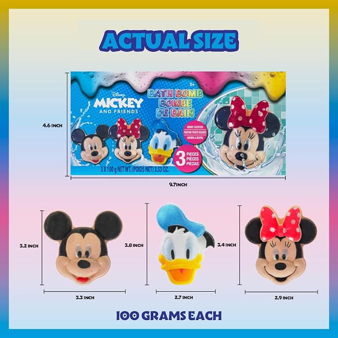 Mickey Minnie and Donald Duck Bath Bombs for Kids, Fun Bright Rainbow Colors, Berry Scented for Kids, Ages 3+, by Townley Girl