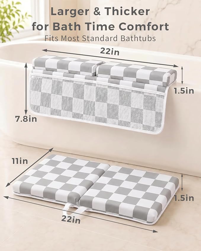 Bath Kneeler and Elbow Rest Pad Set - 1.5'' Thick Baby Bath Kneeler Pad, Foldable Memory Foam Kneeling Pad with 4 Toy Organizer Pockets, Quick Dry, Non-Slip, Checkered Pattern, Baby Bath Essentials